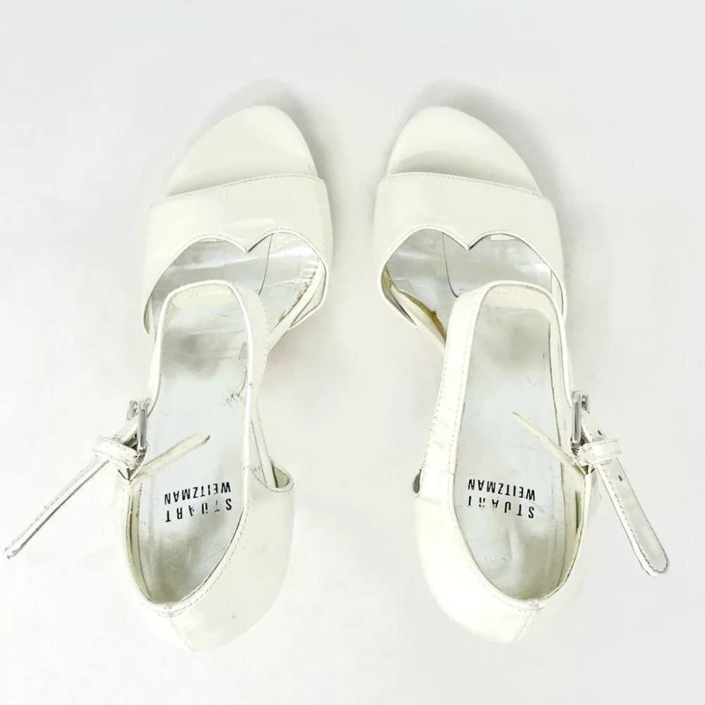 Stuart Weitzman White Patent Leather T Strap Perspex Platform Heels Size 7.5